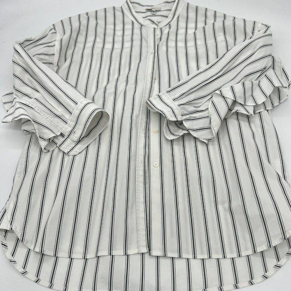 JOIE PONI Long Ruffle Sleeve BLOUSE Shirt Button Down Striped White Cotton Med